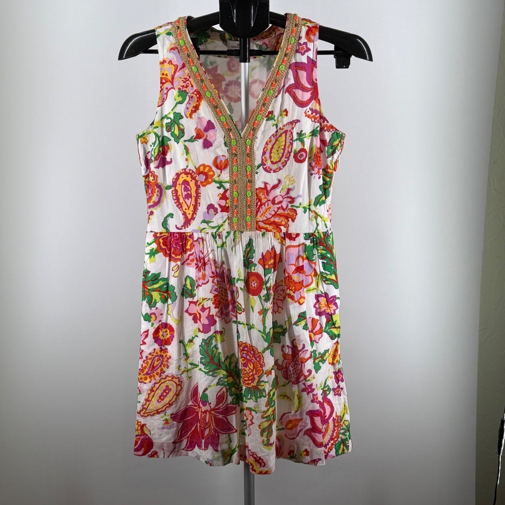 Vineyard Vines Womens‎ Floral Paisley Cotton Dress Beaded Raffia V-Neck White 2
